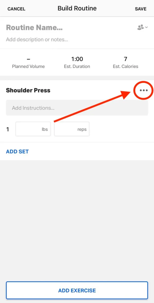 Official MyFitnessPal Build Routine screen showing Shoulder Press, load, reps and add set controls