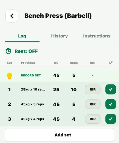 Shredy bench-press screen with previous set, kilograms, repetitions, RIR and add-set button
