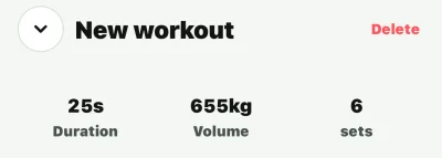 Shredy workout summary showing 25 seconds, 655 kilograms of volume and 6 sets